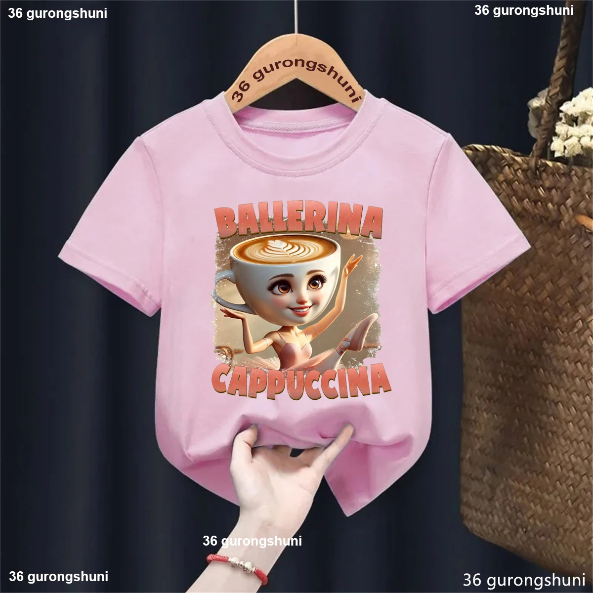 Camiseta con estampado con dibujo de capuchino de bailarina para niñas, ropa divertida para niños, camiseta blanca/negra/rosa/roja de manga corta a la moda de verano - imagen 4