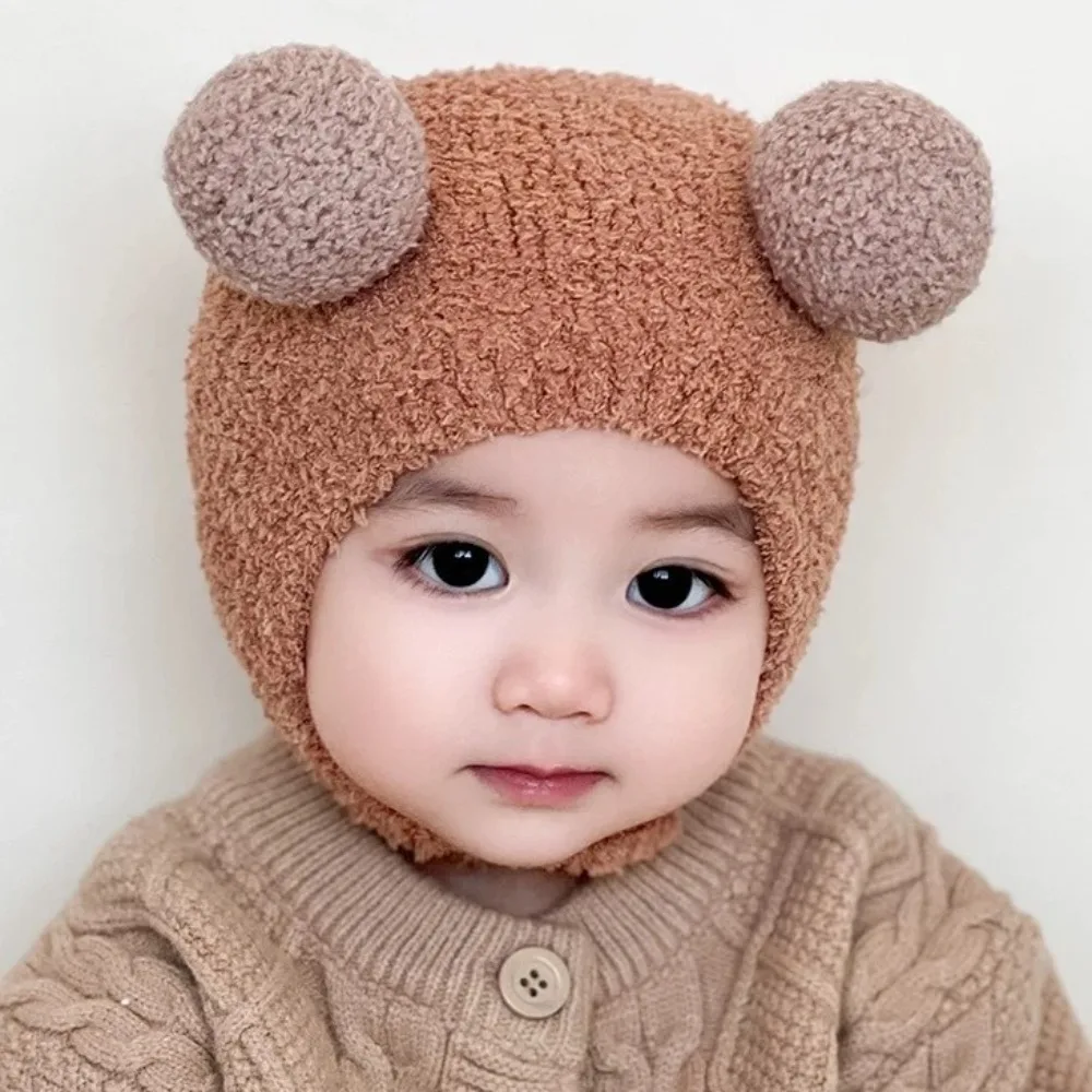 Bonitos gorros con dobladillo de lana polar con bola, gorros con protección para los oídos de lana Lisa, gorros cálidos de invierno para niños y niñas, gorros suaves para bebés recién nacidos - imagen 5