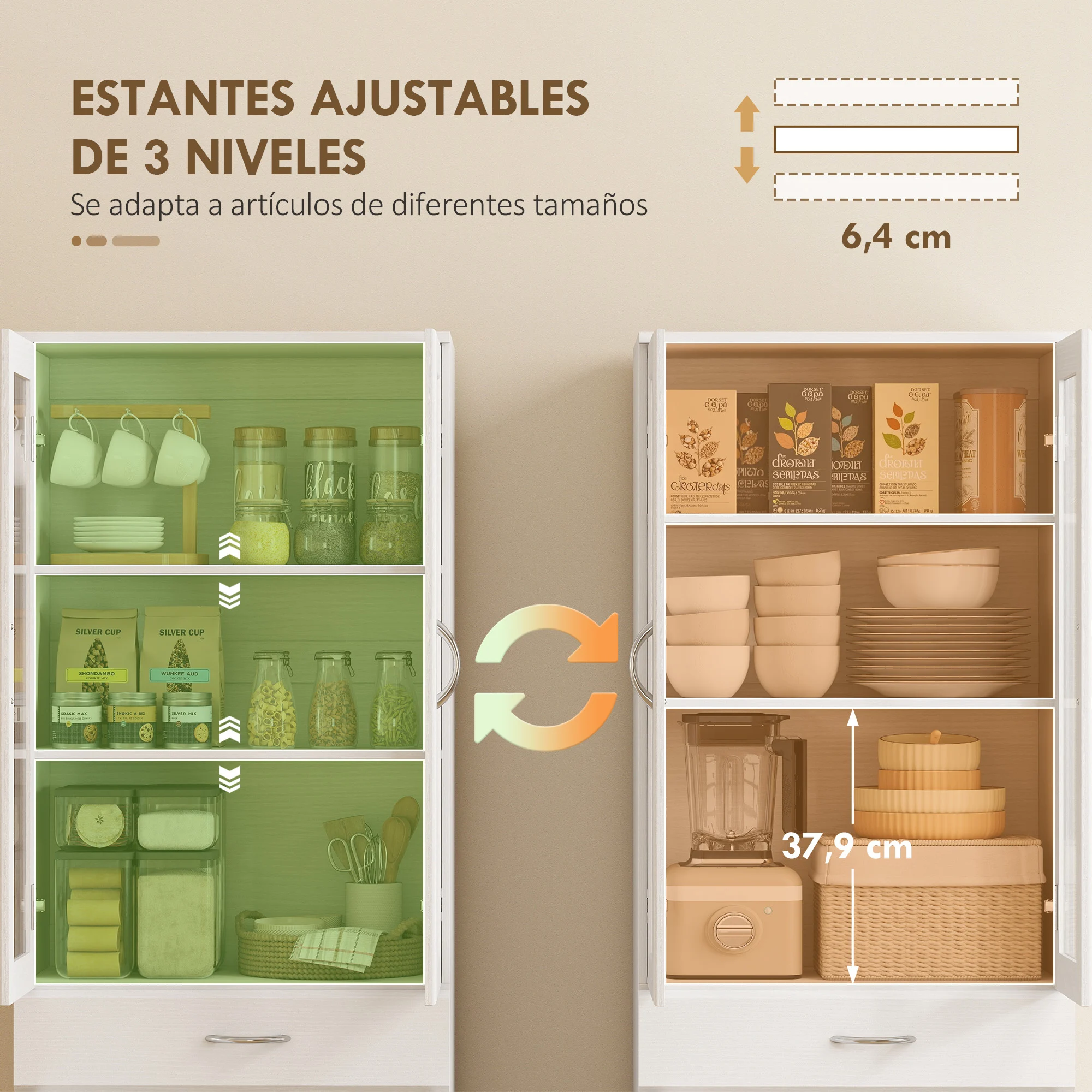 HOMCOM Alacena de Cocina, Mueble Auxiliar de Cocina con Puertas de Vidrio, Cajón, Estantes Ajustables, para Comedor, Salón, Blanco, 60x35x180 cm - imagen 5