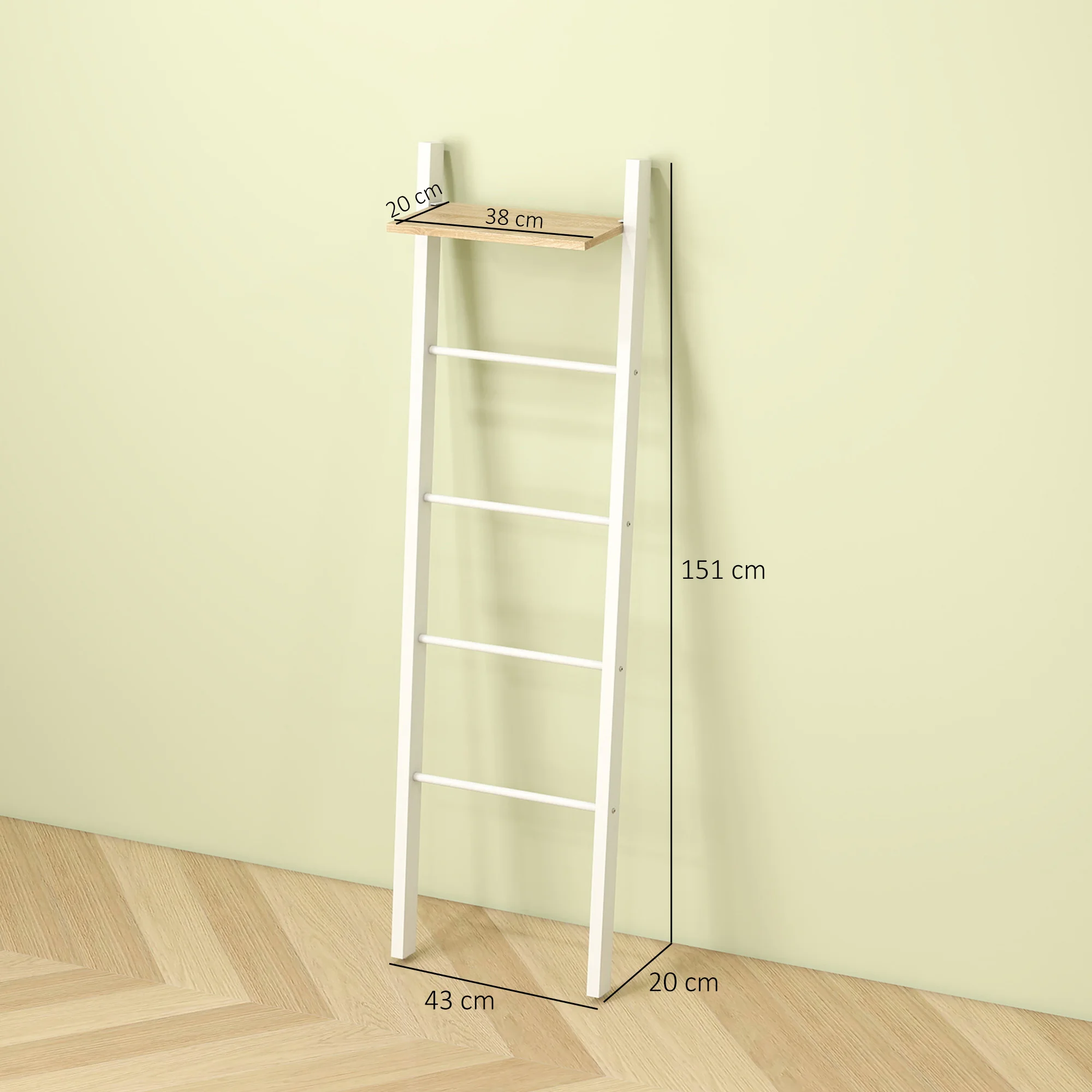 HOMCOM Toallero Escalera con Estante Superior y 4 Barras, Toallero de Baño para Apoyar en Pared, Estantería de Escalera Inclinada, para Dormitorio, Salón, 43x20x151 cm, Blanco y Roble - imagen 3