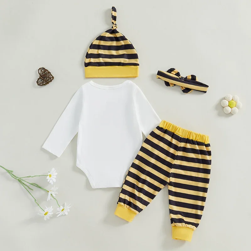 Ropa de otoño para bebé de 0 a 18 meses, peleles de manga larga con estampado de abeja/mariquita y pantalones elásticos, diadema con lazo, sombrero, conjunto de 4 piezas - imagen 3