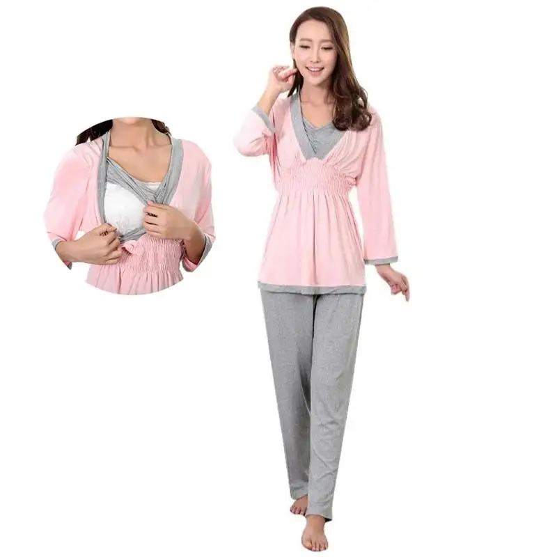 Camisón de maternidad, pijamas de lactancia, ropa de dormir para embarazo, conjunto de pijamas de lactancia para mujer, ropa suave para el hogar para Otoño e Invierno 2 unids/set