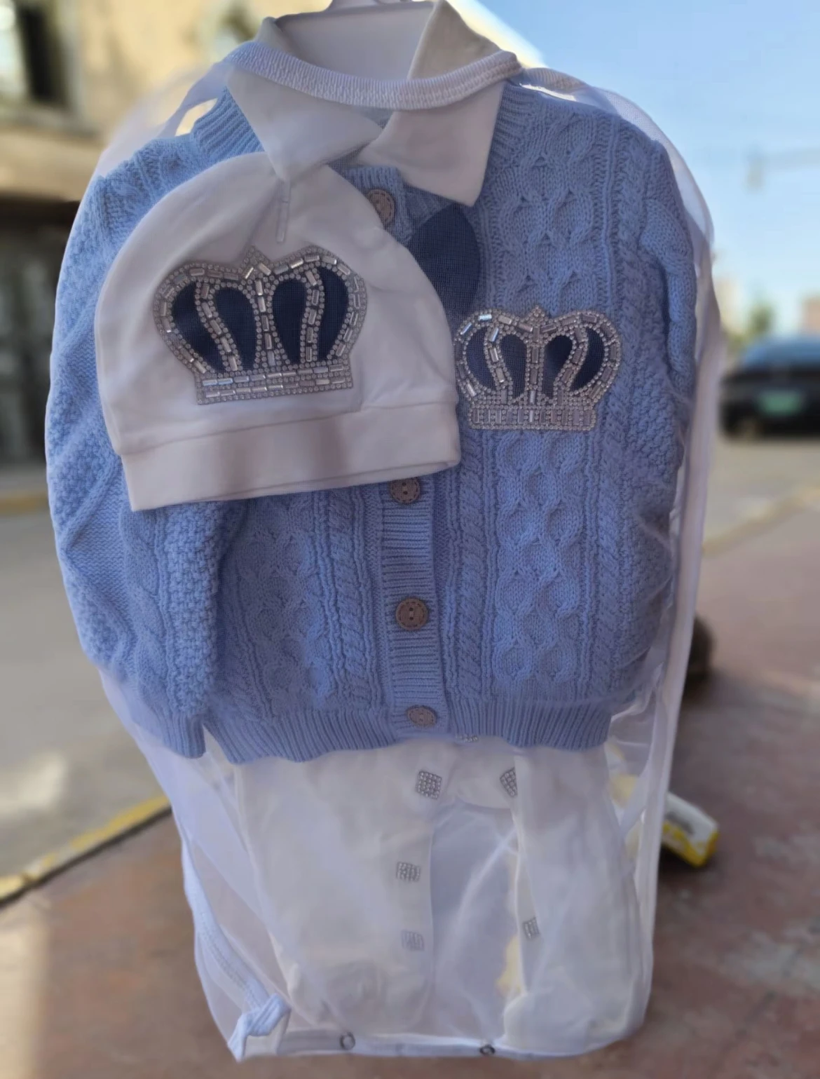 Dollbling-Conjunto de suéter para bebé, pelele tejido para niño pequeño, joyería de corona, mono de algodón y conjunto de gorro turbante, Otoño Invierno - imagen 3