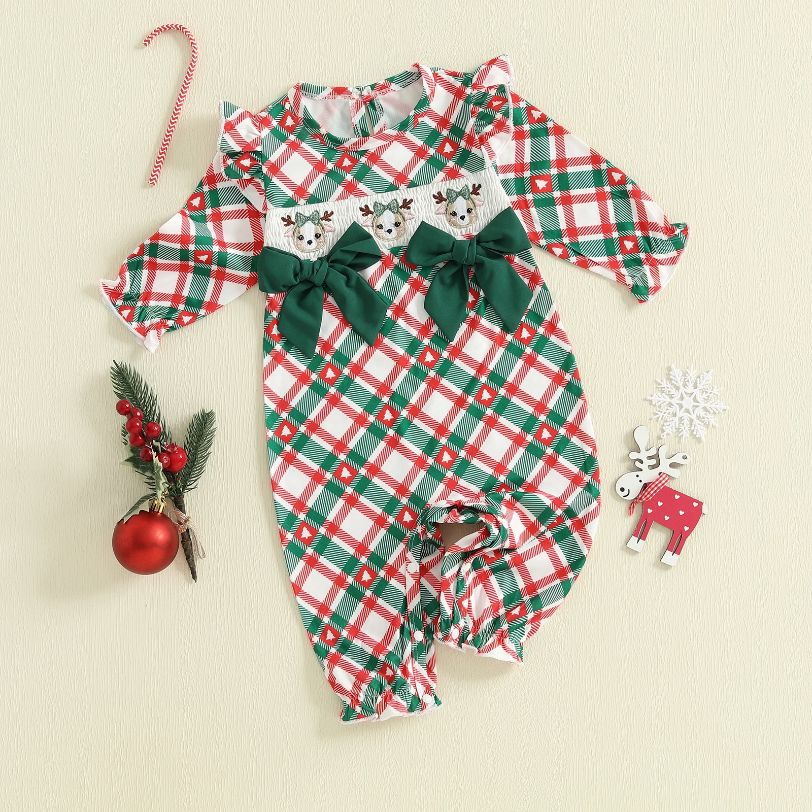 Mono para niñas de 0 a 18 meses, manga larga, cuello redondo, bordado a cuadros, mameluco de alce, ropa de Navidad - imagen 2