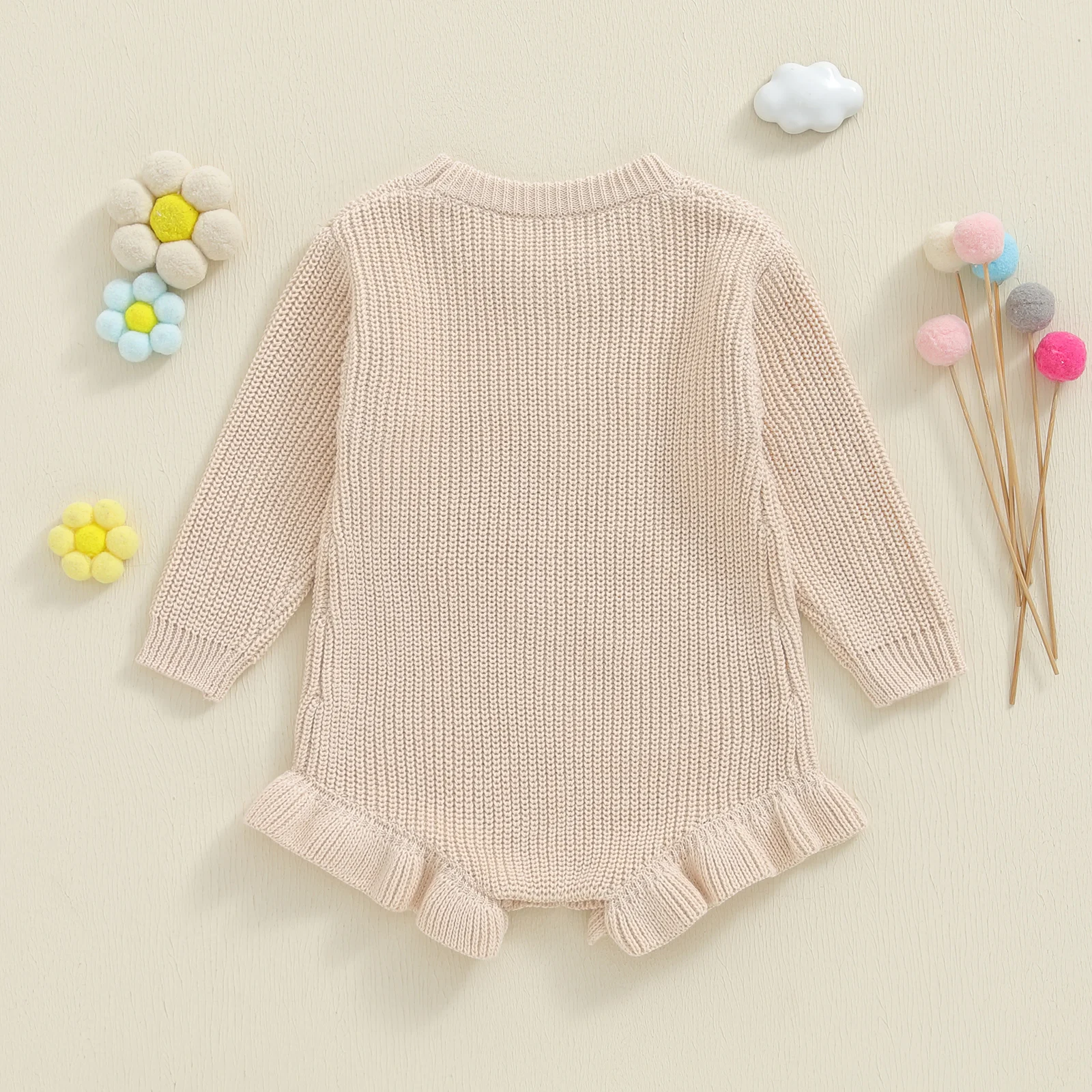 Pelele de punto de otoño para niñas de 0 a 12 meses, mono con bordado de letras, manga larga, cuello redondo, suéter con volantes - imagen 3