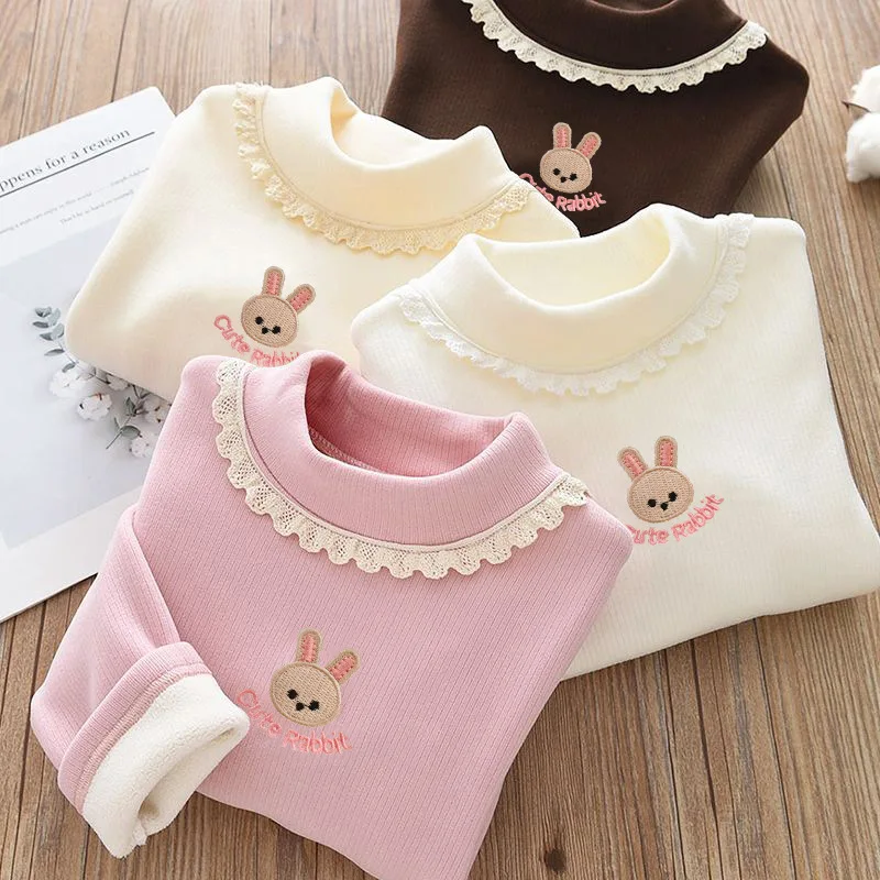 MILANCEL, nuevas camisas acolchadas de lana para niños de otoño, 1-9T, bonito bordado de conejo, blusa gruesa para niñas, Tops de encaje cálidos y versátiles para niños