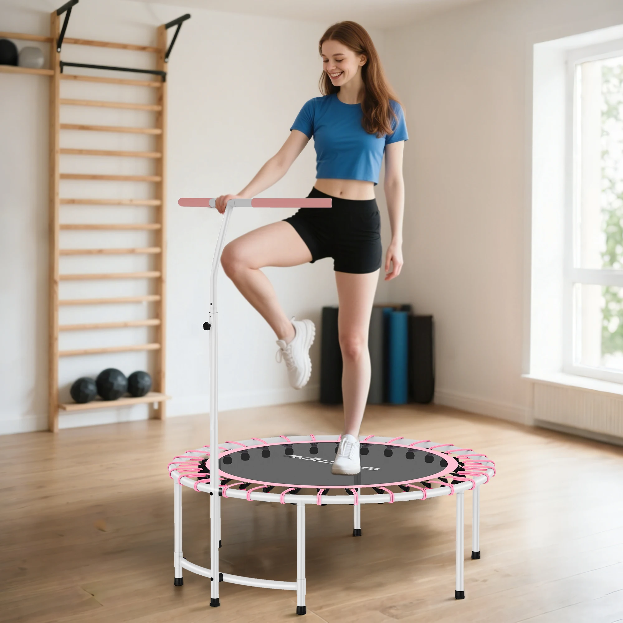 SPORTNOW Trampolín de Fitness Adultos Ø102 cm, Mini Cama Elástica Fitness con Mango Ajustable de 5 Niveles, Marco de Acero, para Entrenamiento Piernas, Cuerpo en Hogar, Oficina, Gimnasio, Rosa - imagen 2