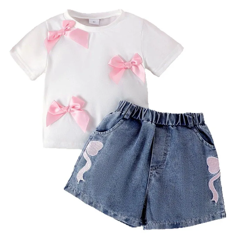 Conjuntos de 2 piezas de ropa de verano para niño niña, camisetas coreanas de manga corta con bonito lazo blanco para bebé + pantalones cortos de mezclilla, ropa de Boutique para niños B055 - imagen 3