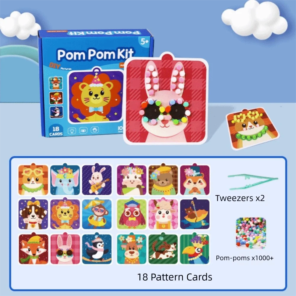 Libro de pegatinas montessori hecho a mano con pompones animales