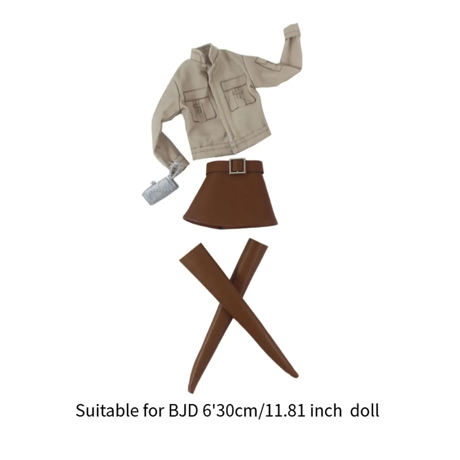 30cm BJD Doll Clothes Khaki Work Jacket Skirt Doll Suit Handmade with Long Boots Wallet Doll Accessories 1/6 BJD Dolls Clothing