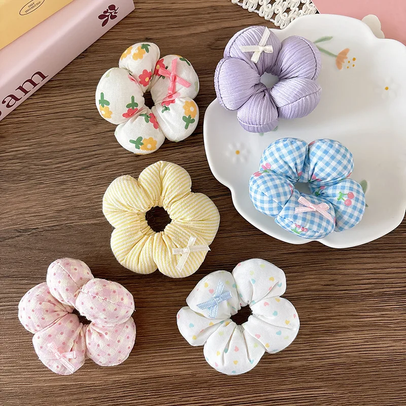 Primavera Verano dulce tela versátil algodón tridimensional flor intestino anillo Floral arco niña bola pelo anillo - imagen 4