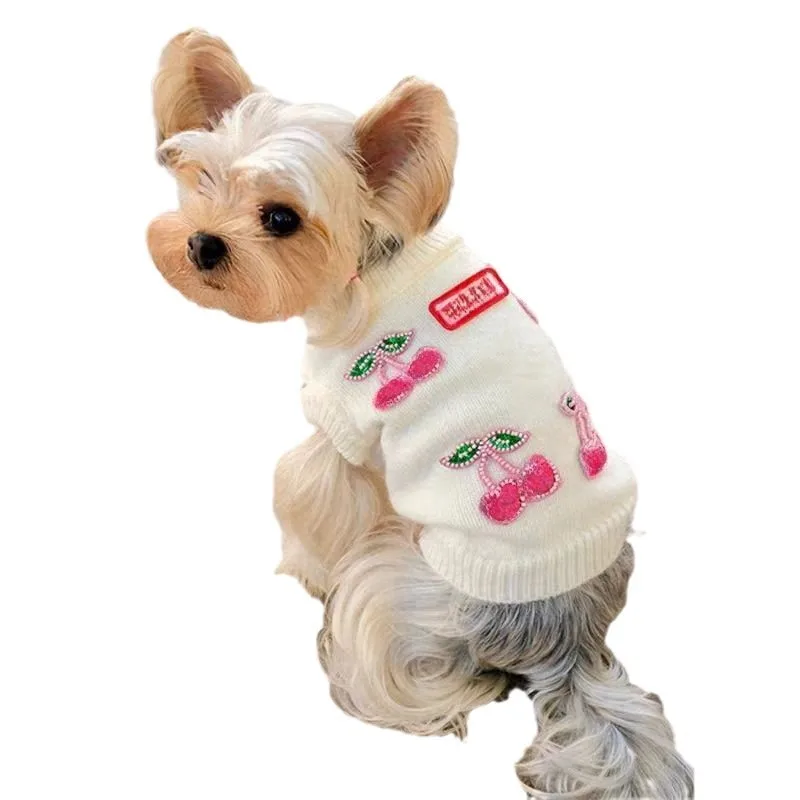 Ropa de cereza para perros, suéter de invierno para mascotas, jersey de punto de fruta cálido para perros pequeños, hermoso jersey sin mangas para maltés - imagen 4