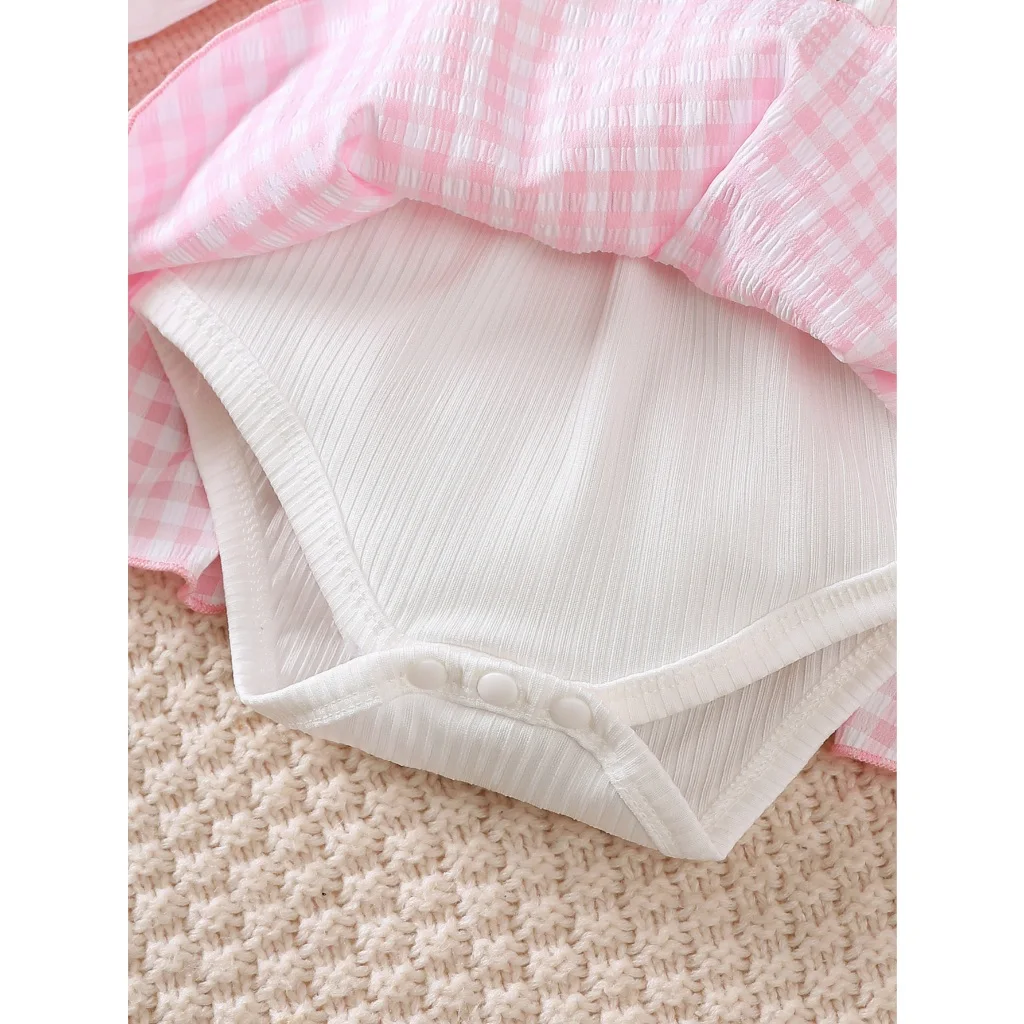 Falda con tirantes rosa de manga larga para niña recién nacida de 1 a 18 meses, bonito vestido falso de dos piezas con estampado de conejo y diadema del mismo Color - imagen 4