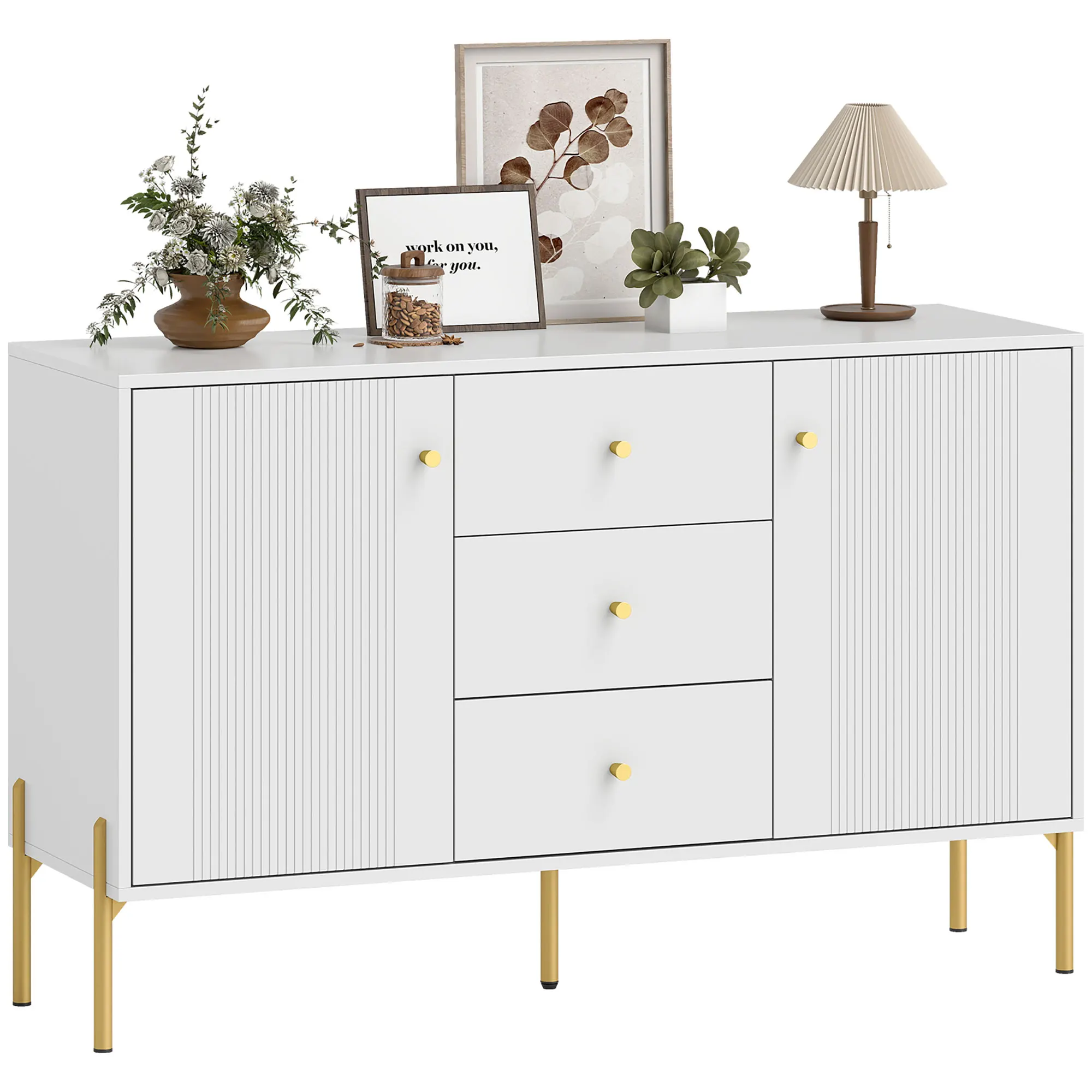 HOMCOM Aparador Moderno de 2 Puertas, Aparador de Salón con 3 Cajones, Estantes Ajustables, Encimera con Efecto Mármol, Patas de Acero, para Cocina, Entrada, Dormitorio, Blanco, 120x39,1x76 cm