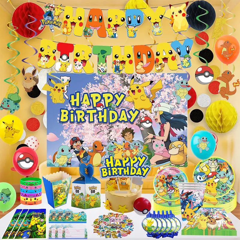 Kit decoración infantil Pokémon con vajilla y globos Pikachu