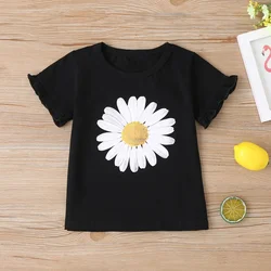 Camiseta manga corta niña algodón con volantes y margaritas verano