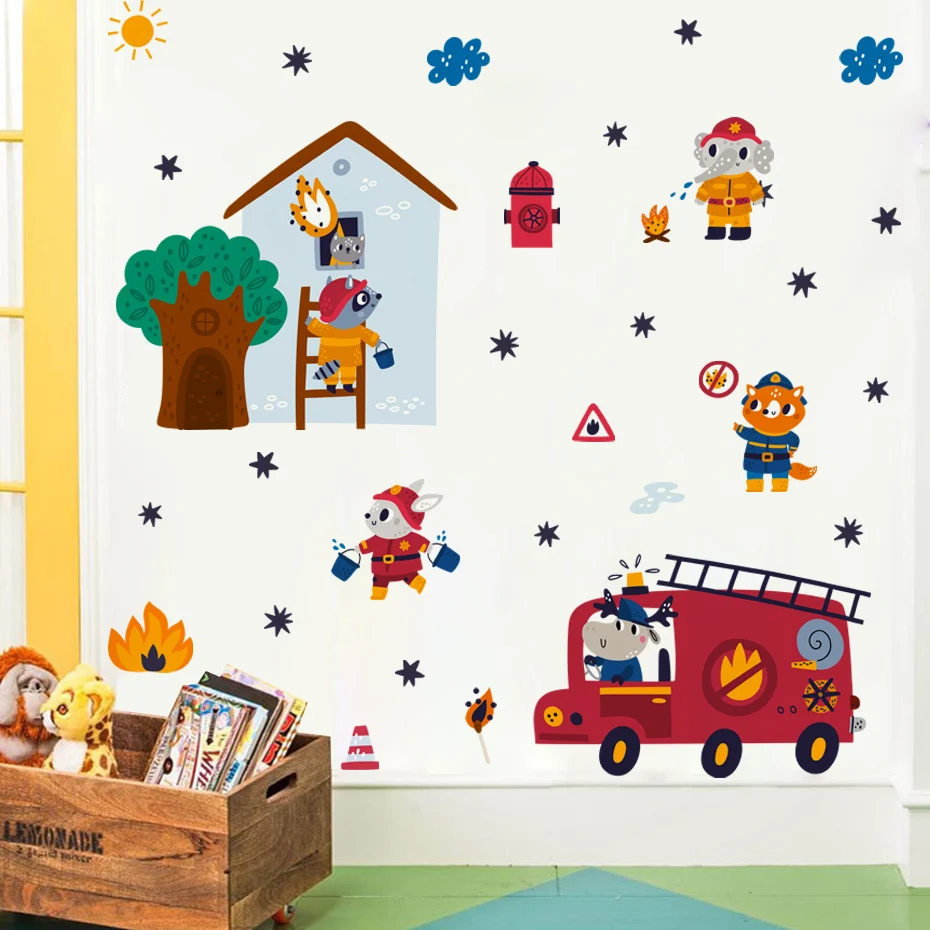 Pegatina de pared: animales bomberos para dormitorio infantil - imagen 3