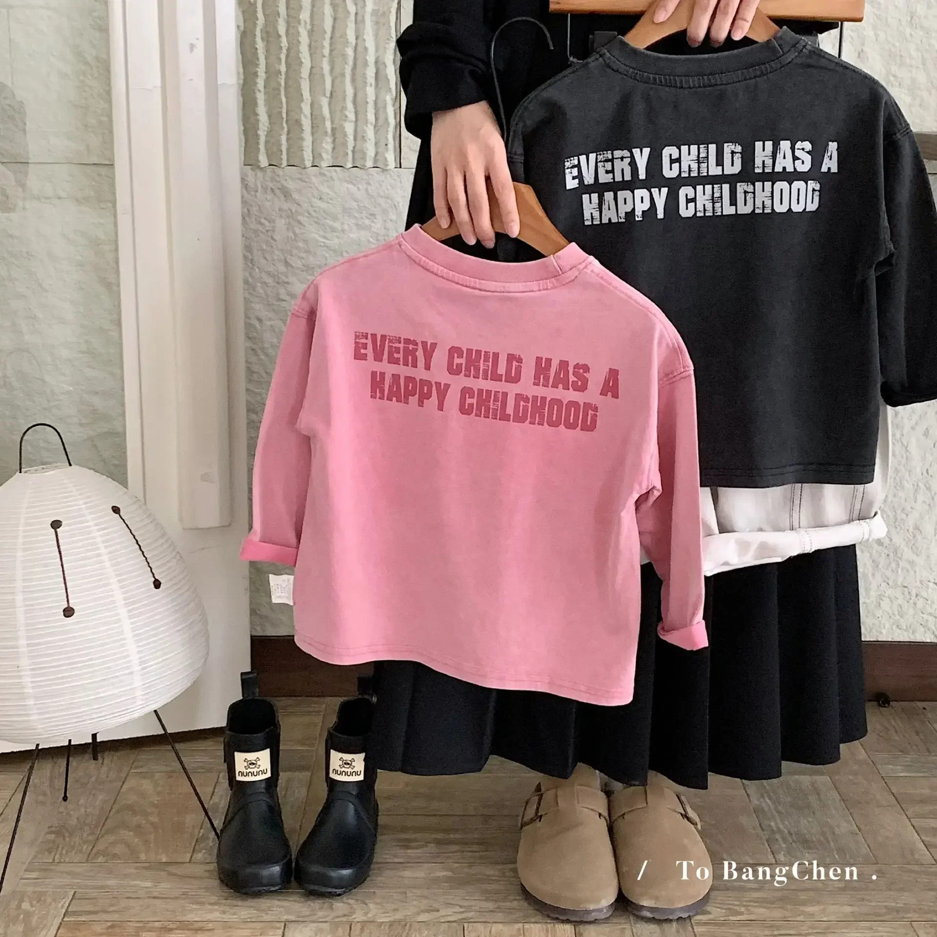 Camiseta de manga larga con estampado de letras para niños y niñas, camiseta holgada Vintage lavada, totalmente nueva de algodón puro, 2026 - imagen 2