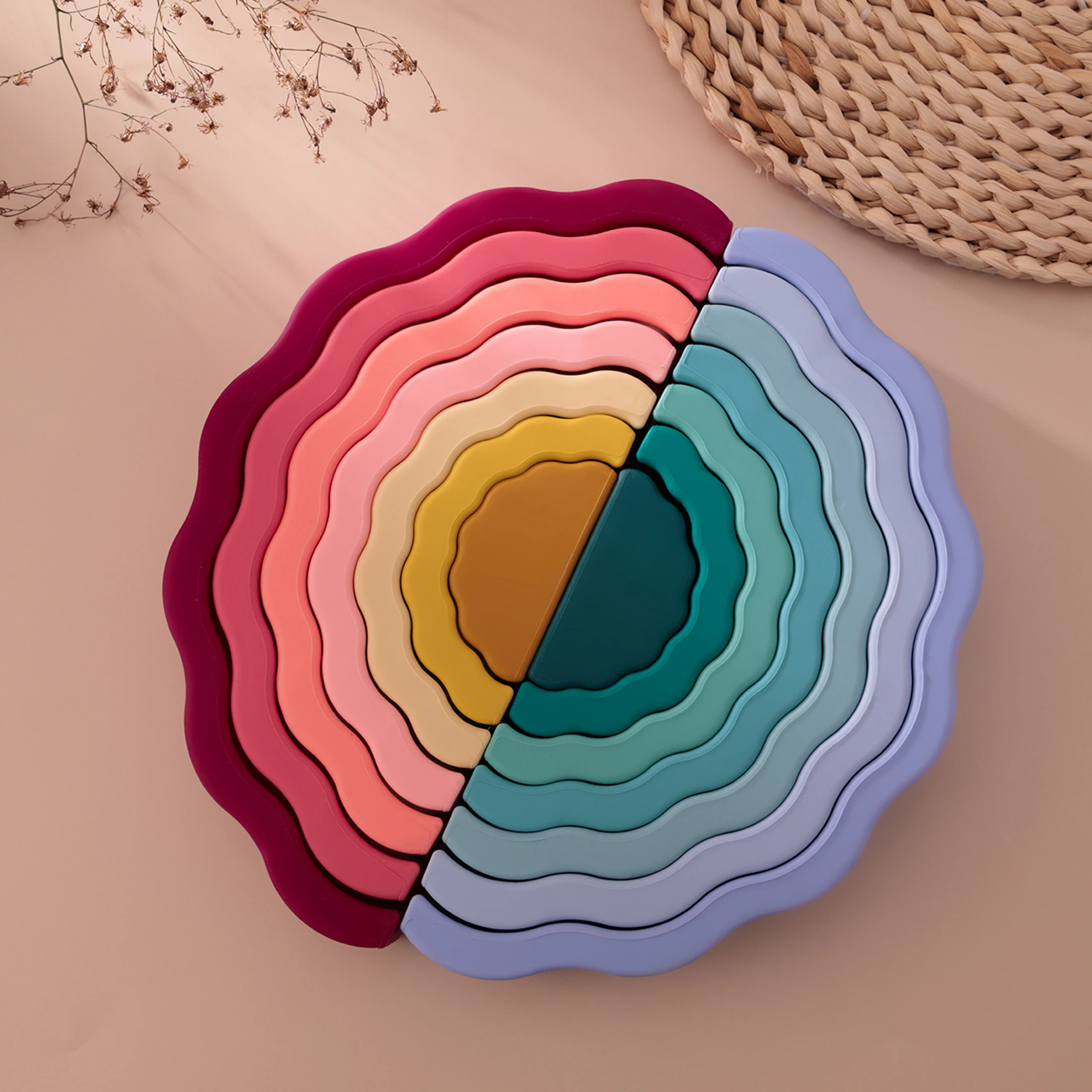 1 Juego de juguete apilable de ondas de arcoíris para niños, mordedor de silicona sin BPA, juguete de aprendizaje sensorial Montessori para bebés de 0 a 3 años, 1 Juego - imagen 3