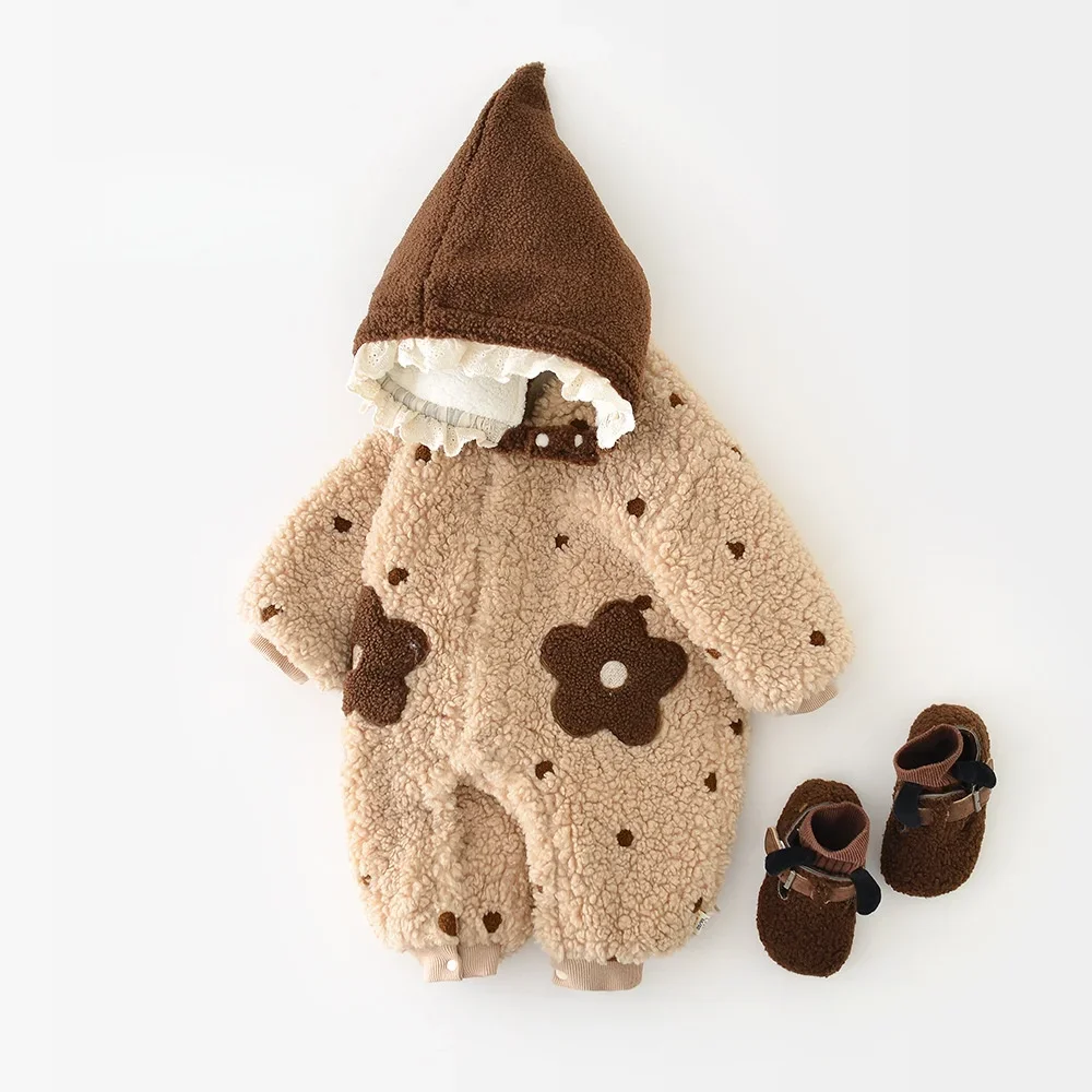 Peleles para recién nacidos de moda coreana, mono de invierno para niña, monos gruesos de flores peludas con sombrero - imagen 3