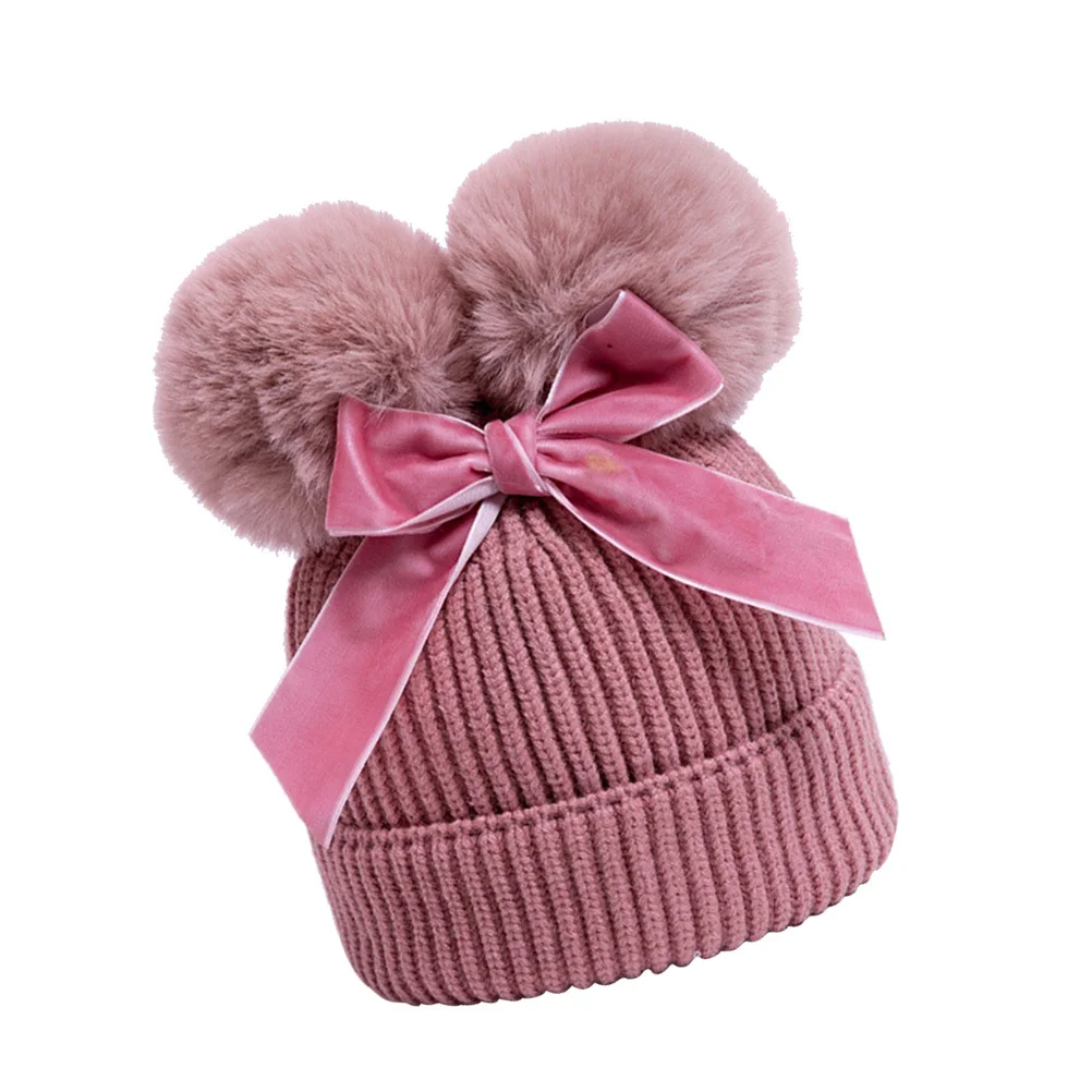 Gorro con lazo de dos tejidos para niños, gorro de ganchillo de invierno para niñas, accesorio fotográfico suave y cómodo, gorro cálido de invierno para niños - imagen 4