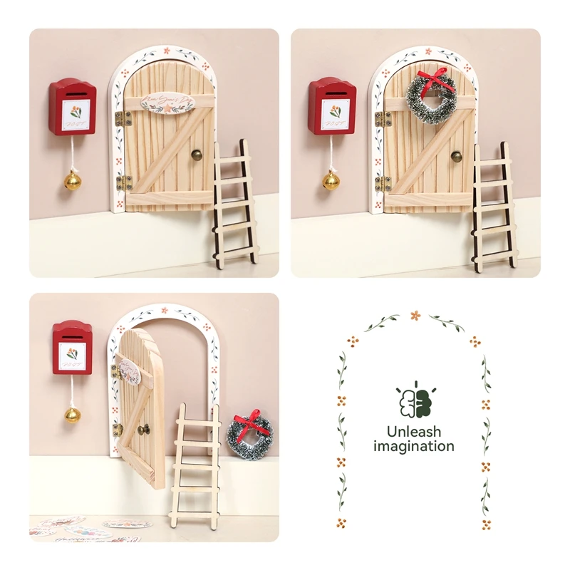Juguetes para bebés, accesorios Montessori, puerta de elfo de dibujos animados, decoración de habitación, casa de muñecas, Mini decoraciones para el hogar, decoración de puerta de elfo de cuento de hadas de madera - imagen 3