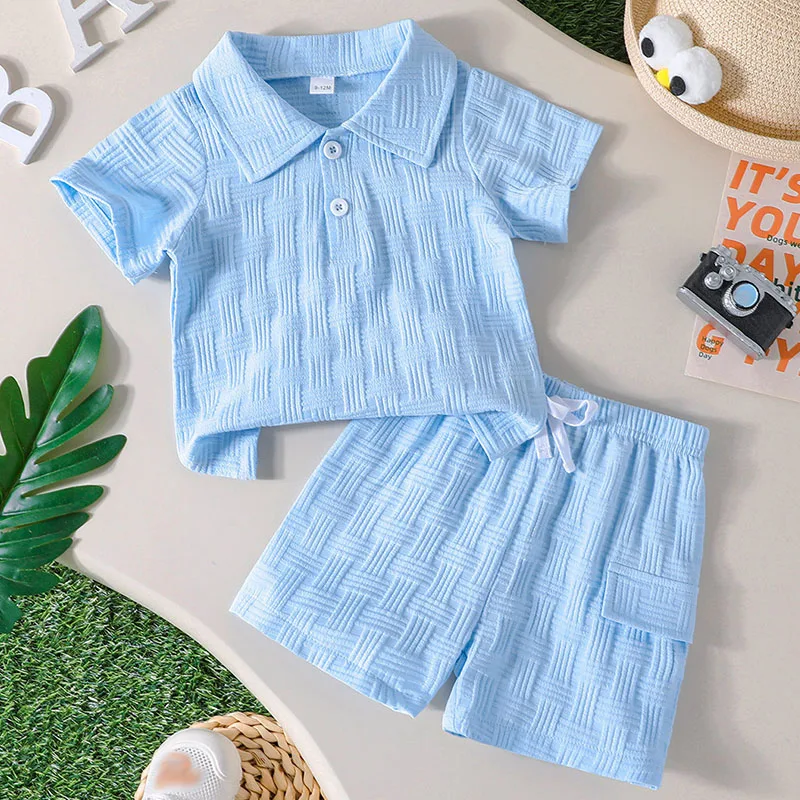 Conjunto verano niño coreano: camiseta azul y pantalón corto informal
