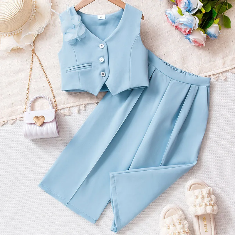 Conjuntos de 2 piezas de ropa de verano para niña, Tops de algodón sin mangas con flores sólidas a la moda coreana + Pantalones sueltos, ropa de Boutique para niños B063 - imagen 2