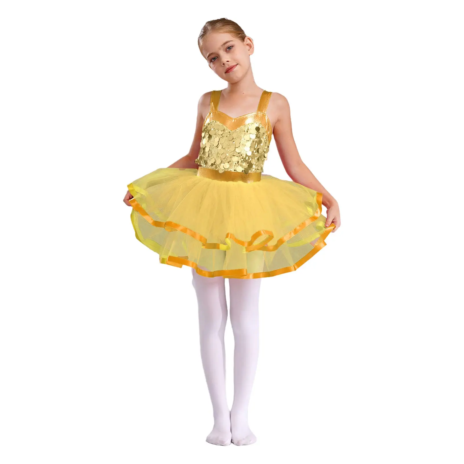 Vestidos de tutú de Ballet para niñas, disfraz de princesa bailarina, sin mangas, bloque de Color, lentejuelas brillantes, vestido de leotardo de patinaje artístico - imagen 4