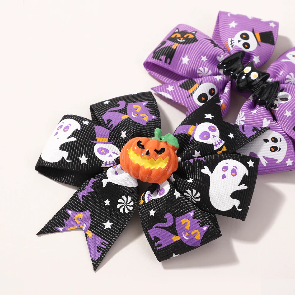 6 unids/set de pinzas para el cabello con estampado de calabaza de Halloween hechas a mano para niñas y niños, horquillas con lazo, accesorios exclusivos para el cabello de fiesta para mujeres - imagen 4