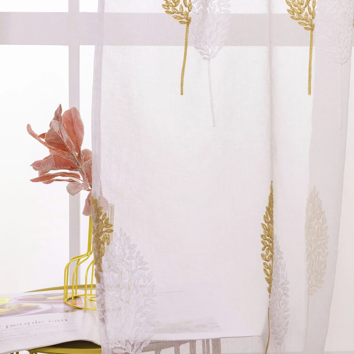 1 unidad de cortinas de hilo de tul transparente Guaze para puerta bordada para dormitorio, cortina de planta de hoja Simple americana para ventana de sala de estar - imagen 4