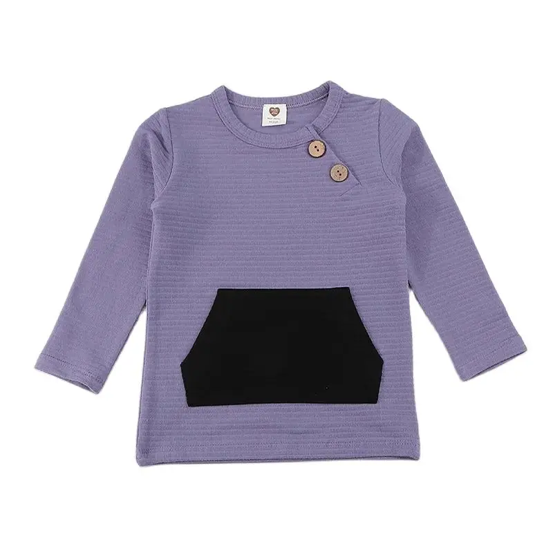 Top kds-Camiseta de manga larga para niño y niña, traje elegante acanalado con bolsillos en contraste, ropa de otoño e invierno - imagen 2