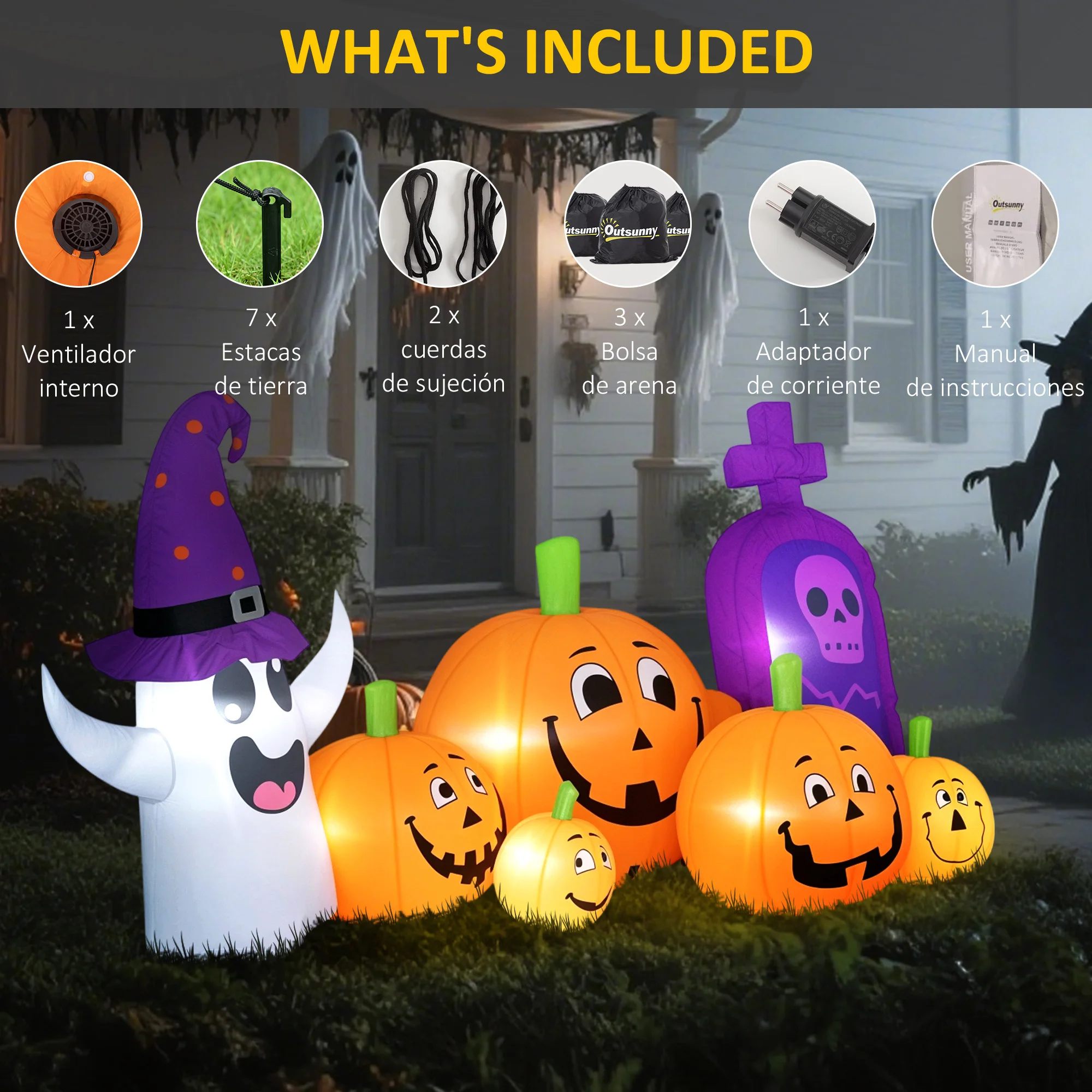 Outsunny Calabaza Inflable de Halloween con Fantasma y Lápida de 8 Pies, Decoración de Halloween con Luces LED, IP44 e Inflador, para Jardín, Fiestas, Exterior, 240x130x130 cm, Multicolor - imagen 5