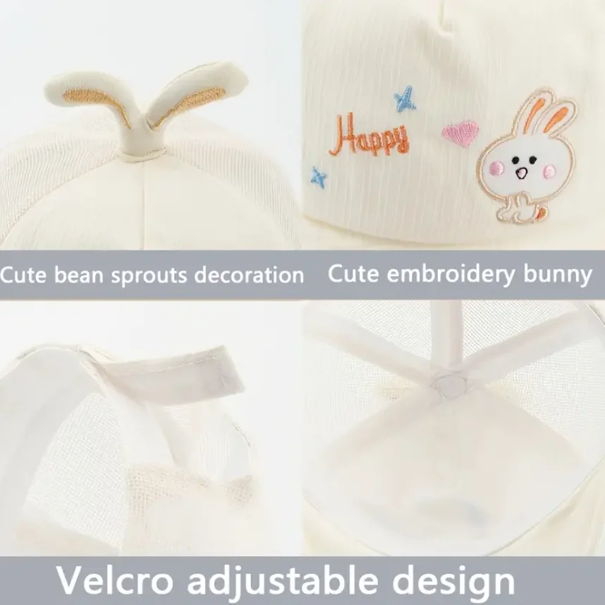 Sombrero para el sol para bebé recién nacido, gorra de béisbol transpirable para jóvenes de 0 a 6 meses con cinta mágica, decoración de conejito bordada - imagen 5