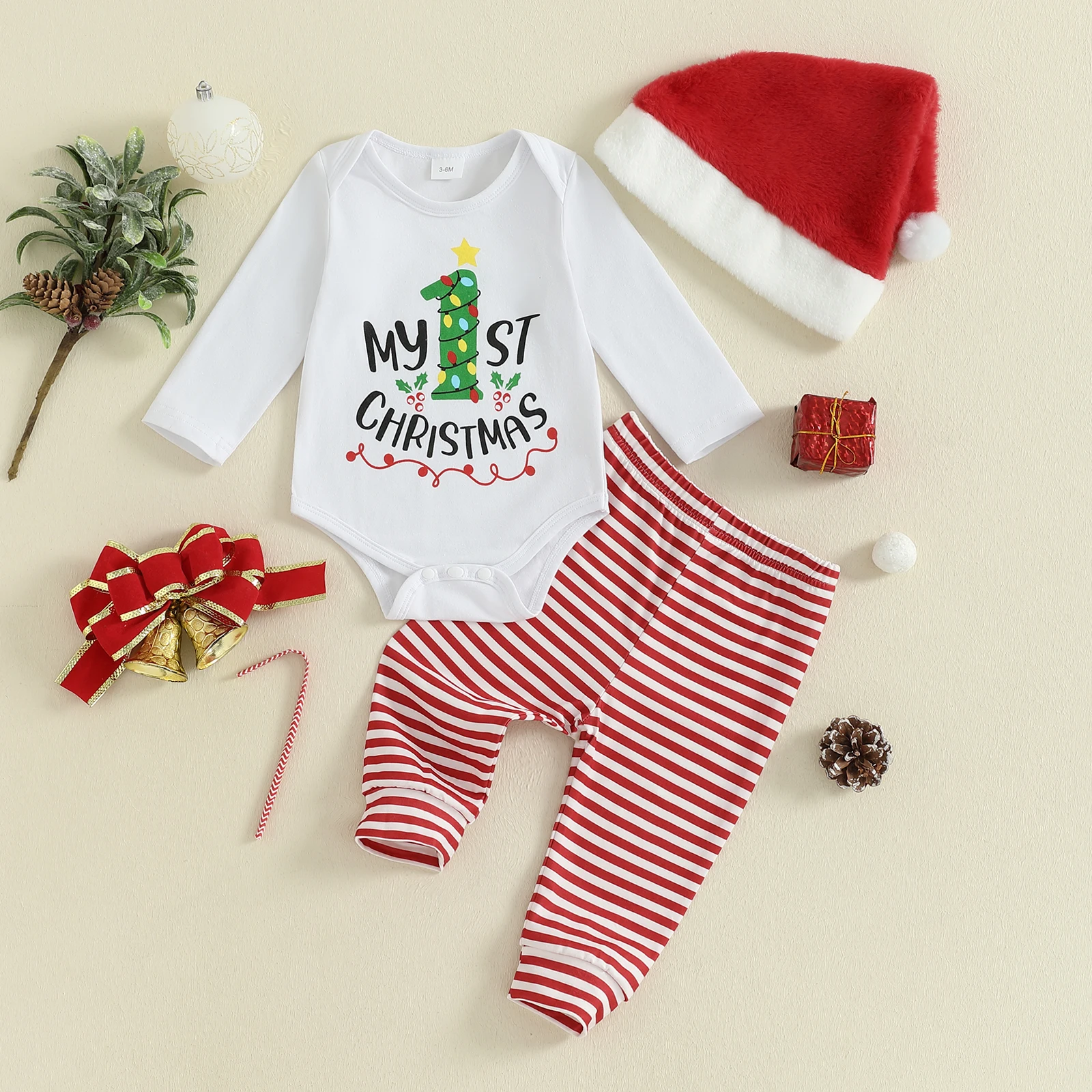 SUNSIOM Conjuntos de trajes navideños para bebés de 0 a 18 meses, mameluco con estampado de letras y cuello redondo de manga larga, pantalones a rayas, conjuntos de sombrero de Papá Noel - imagen 2