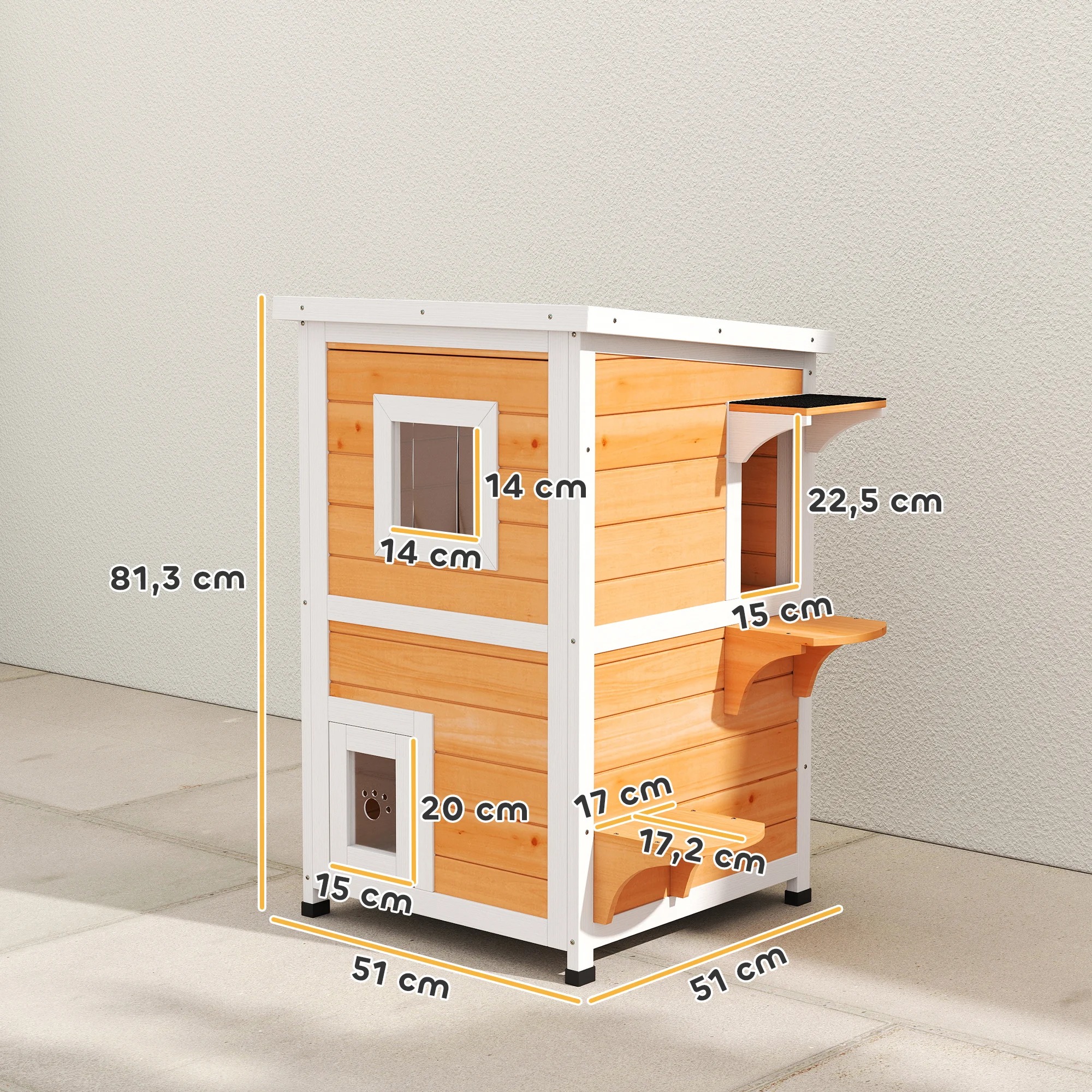 PawHut Caseta para Gatos de Madera Exterior, Casa para Gatos de 2 Niveles con Techo Abatible, Panel Central Extraíble, Ventanas, Puertas, para Terraza, Balcón, Jardín, 51x51x81,3 cm - imagen 4