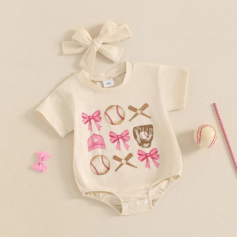 Peleles para niñas de 0 a 18 meses, monos infantiles de manga corta con estampado de lazo de béisbol, monos con diadema - imagen 4