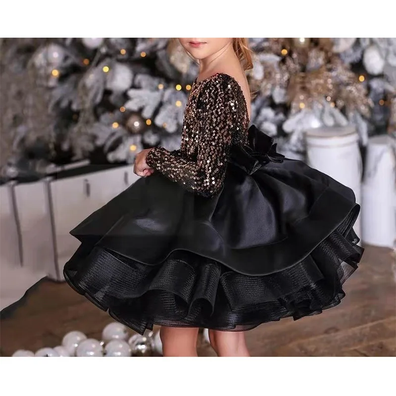 Vestido de princesa de lentejuelas negro y rojo con diseño sin espalda, tutú de tul de manga larga para niñas, vestidos formales para presentador y eventos para niñas - imagen 3