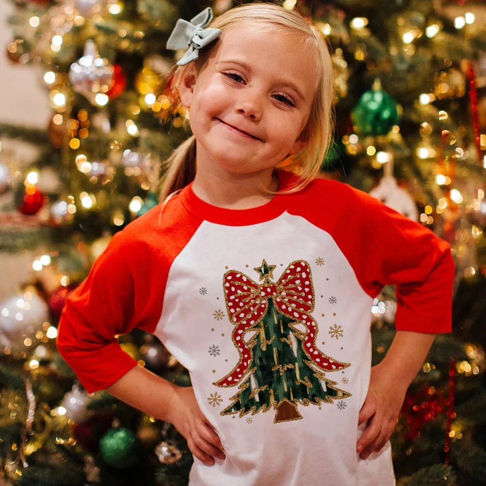 Christmas Tree Bow Print Christmas Kids Shirts Long Sleeve Raglan Boys Girls Graphic Tee Xmas Child Tees Holiday Party Gift Tops