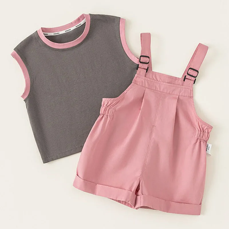 Conjuntos de 2 piezas de ropa de verano para niño niña, moda coreana, Tops de algodón sin mangas de color rosa para bebé + Pantalones cortos, ropa de Boutique para niños B093 - imagen 3