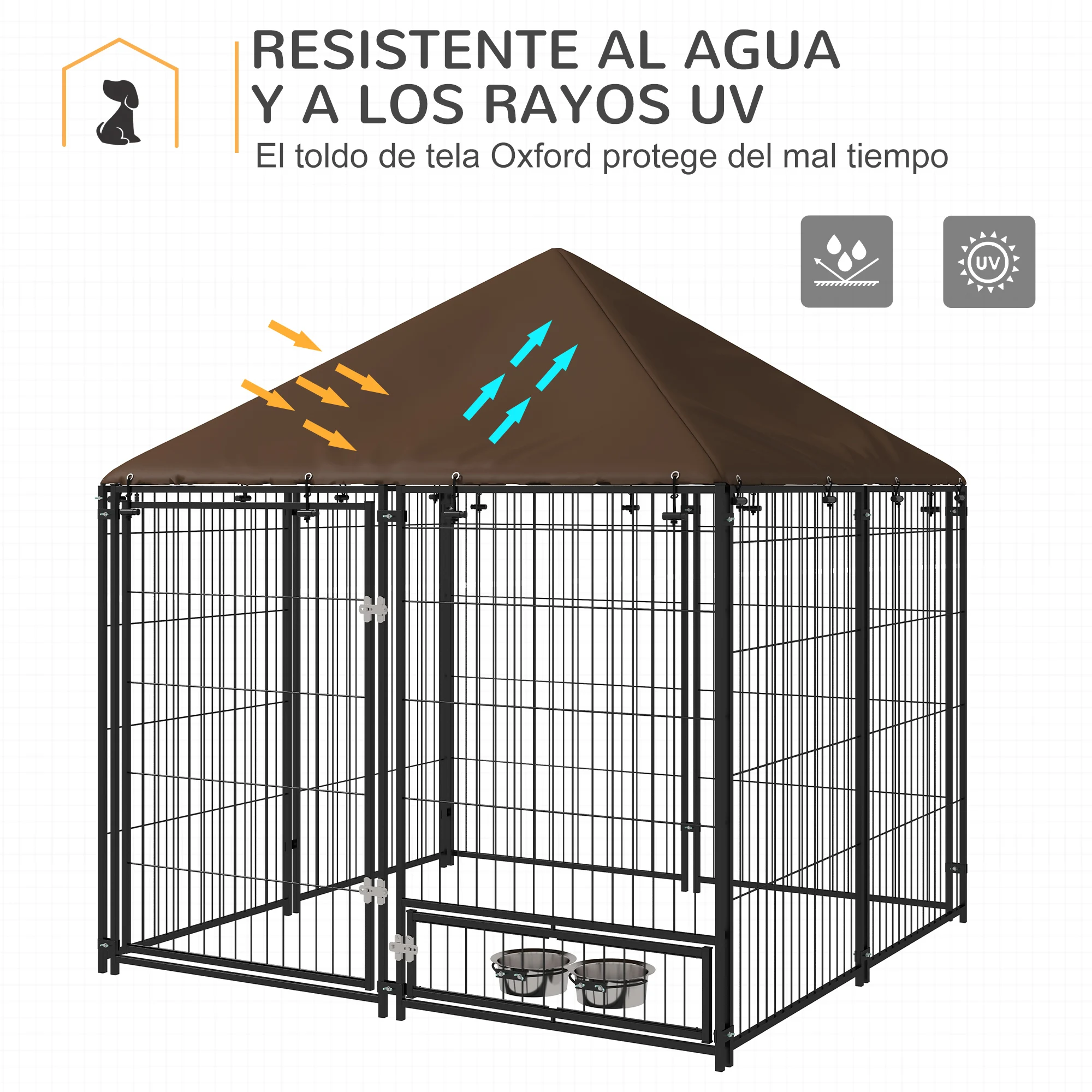 PawHut Perrera con Toldo Parque para Perros Metálica de Exterior con Soporte Giratorio para Comida 2 Cuencos para Patio Jardín Terraza 141x141x151 cm Negro - imagen 4