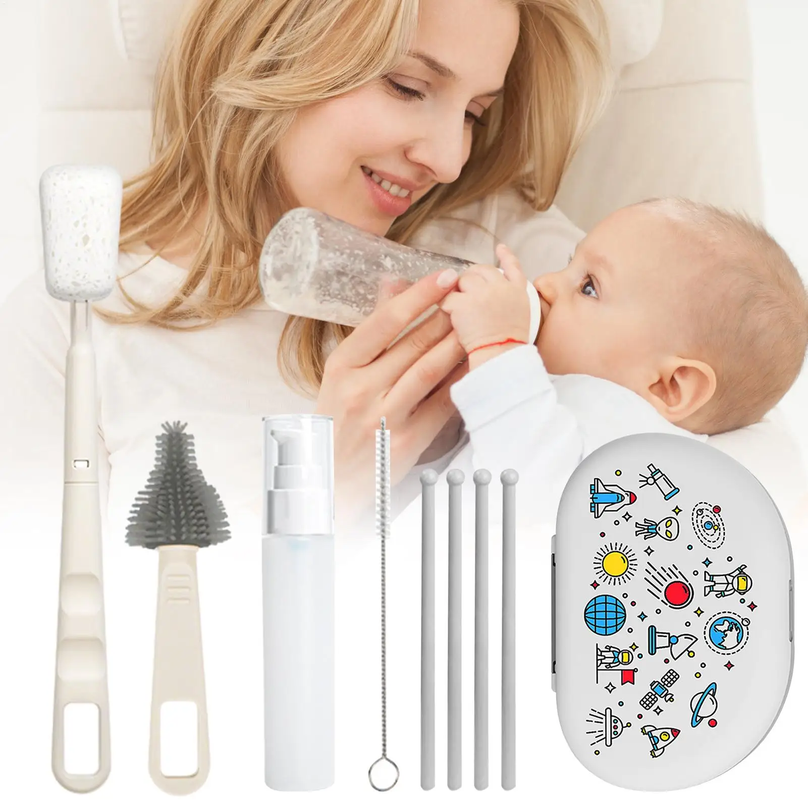 Kit de cepillo para botellas, tazas de silicona flexibles, Herramientas de limpieza, cepillo limpiador de botellas de agua para tapas, pajitas, extractoras para pezones y pechos - imagen 2