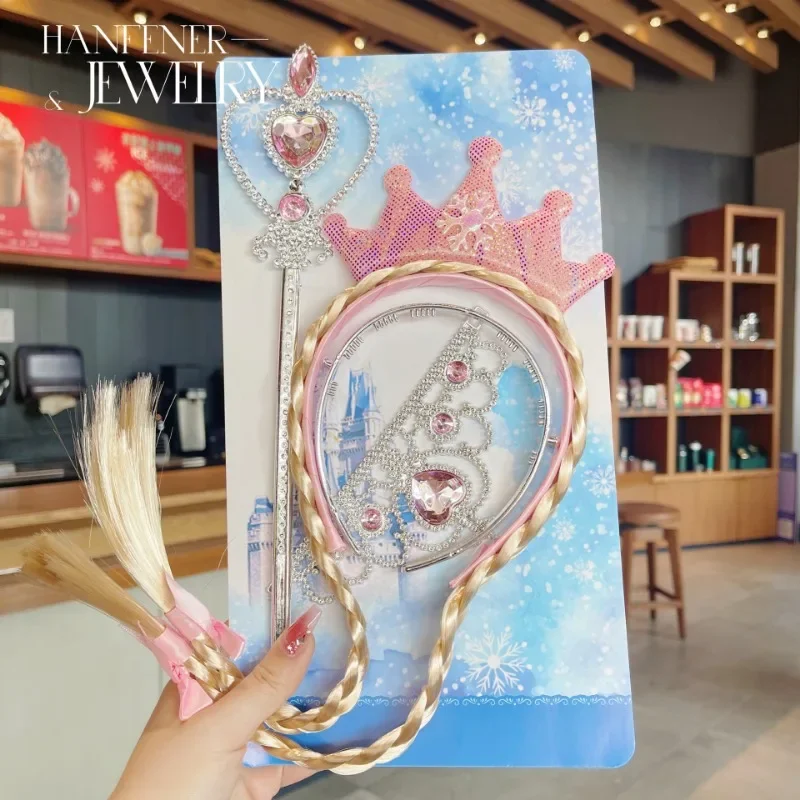 Accesorios para el cabello para niños, varita de corona trenzada con lazo, tres piezas para niños, regalos de cumpleaños, diadema de princesa para niñas, peluca, aro para la cabeza - imagen 5