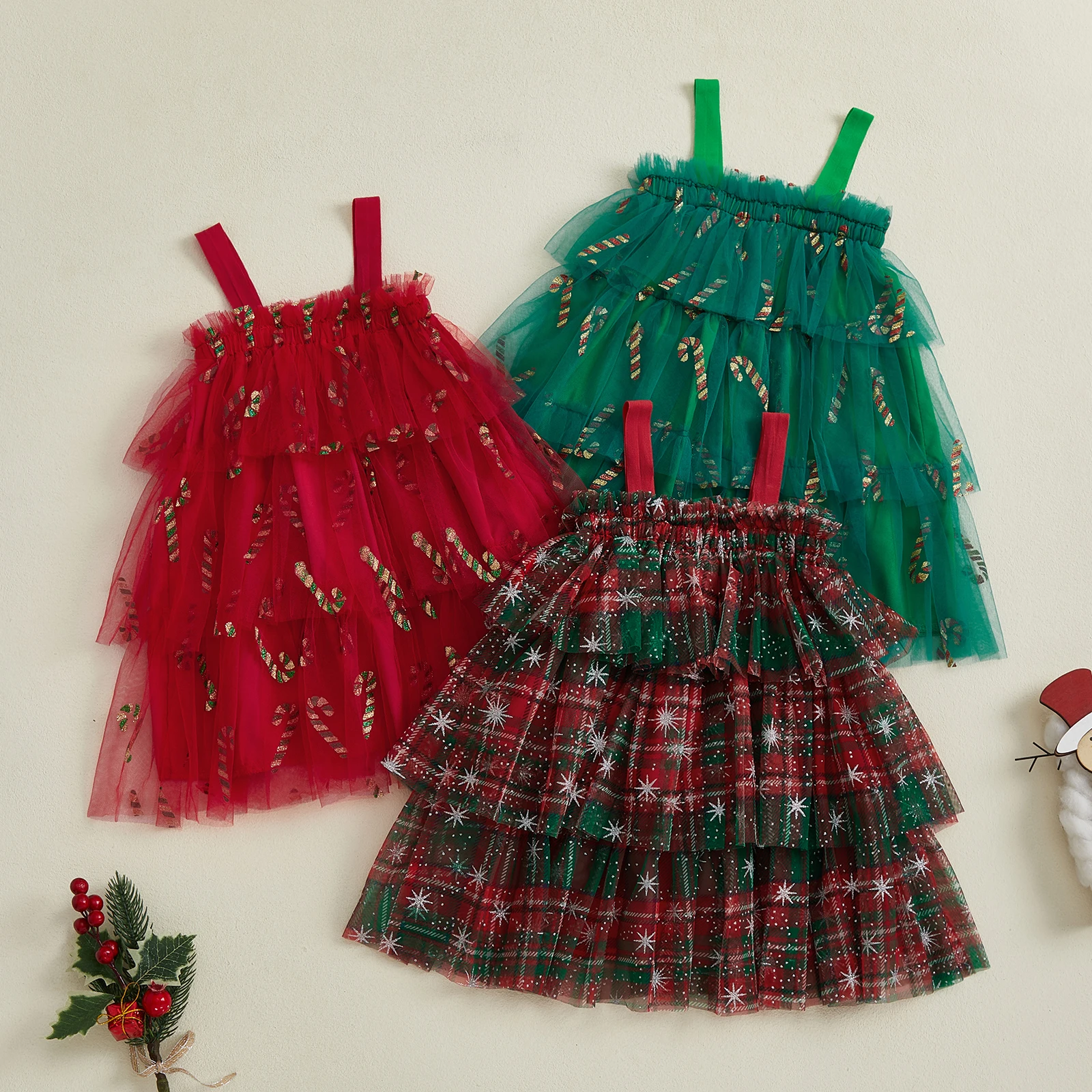 Tregren vestido Navidad tul estampado bastón sin mangas niña