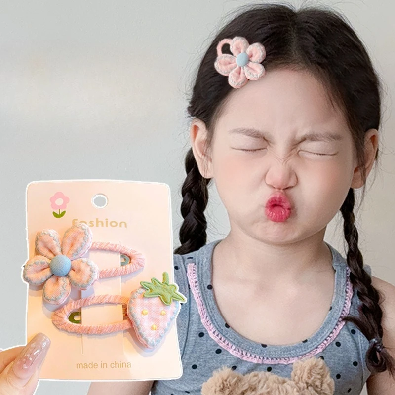 2 unids/set de pinzas para el pelo de bebé con flor de fresa, Clips a presión de dibujos animados bonitos para niñas, pasadores infantiles de agarre suave para pinzas BB para cabello fino