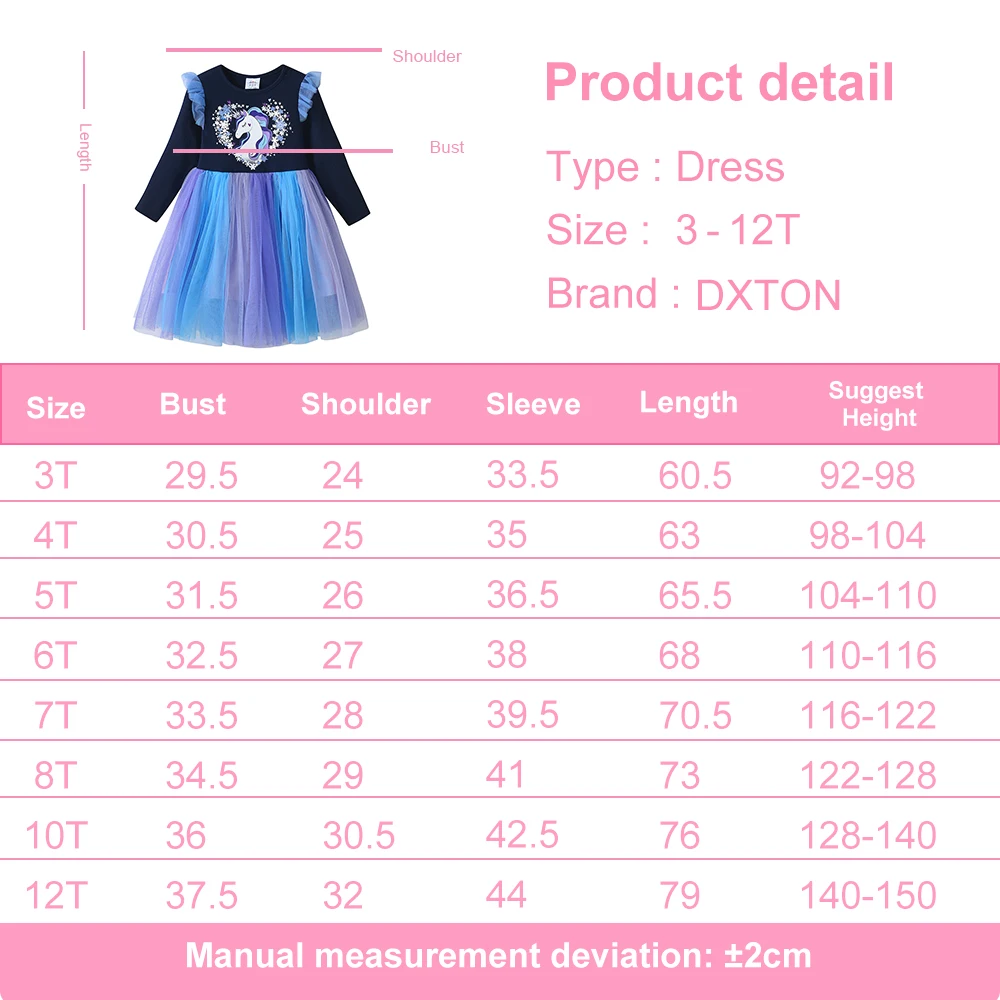 DXTON Vestido unicornio para niña – Diseño princesa con malla y corazones - imagen 3