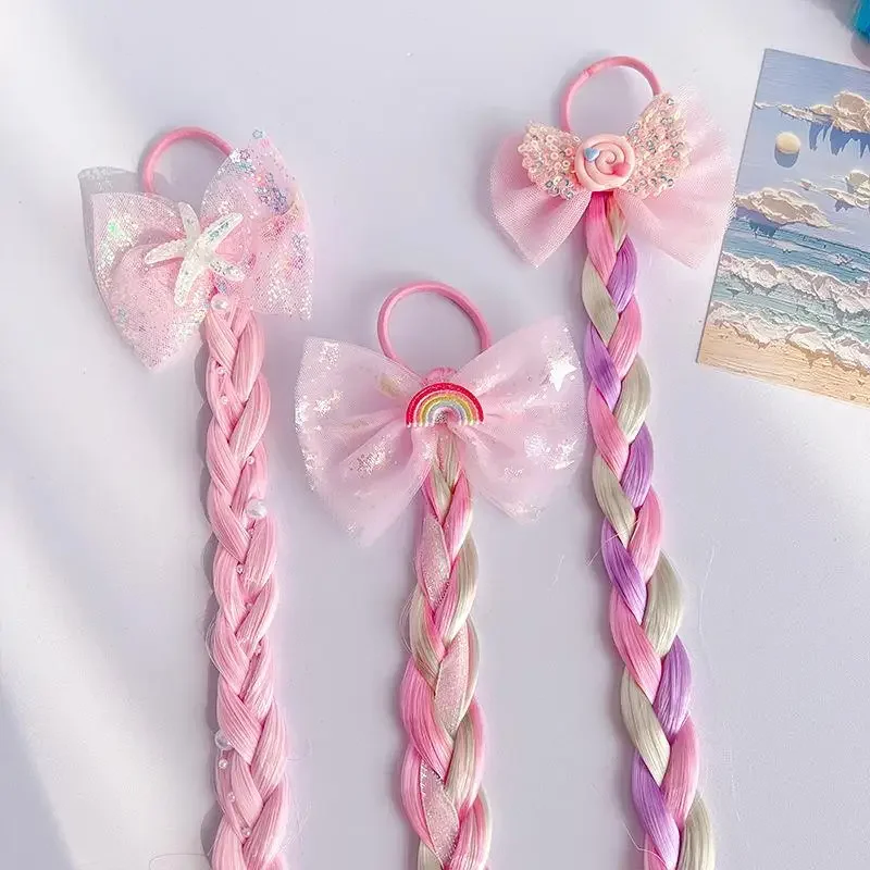Pelucas bonitas de unicornio, cola de caballo para niños y niñas, Color caramelo, lazo de mariposa de dibujos animados, coleta, estilismo para el cabello, bandas de goma, tocados Brai - imagen 4