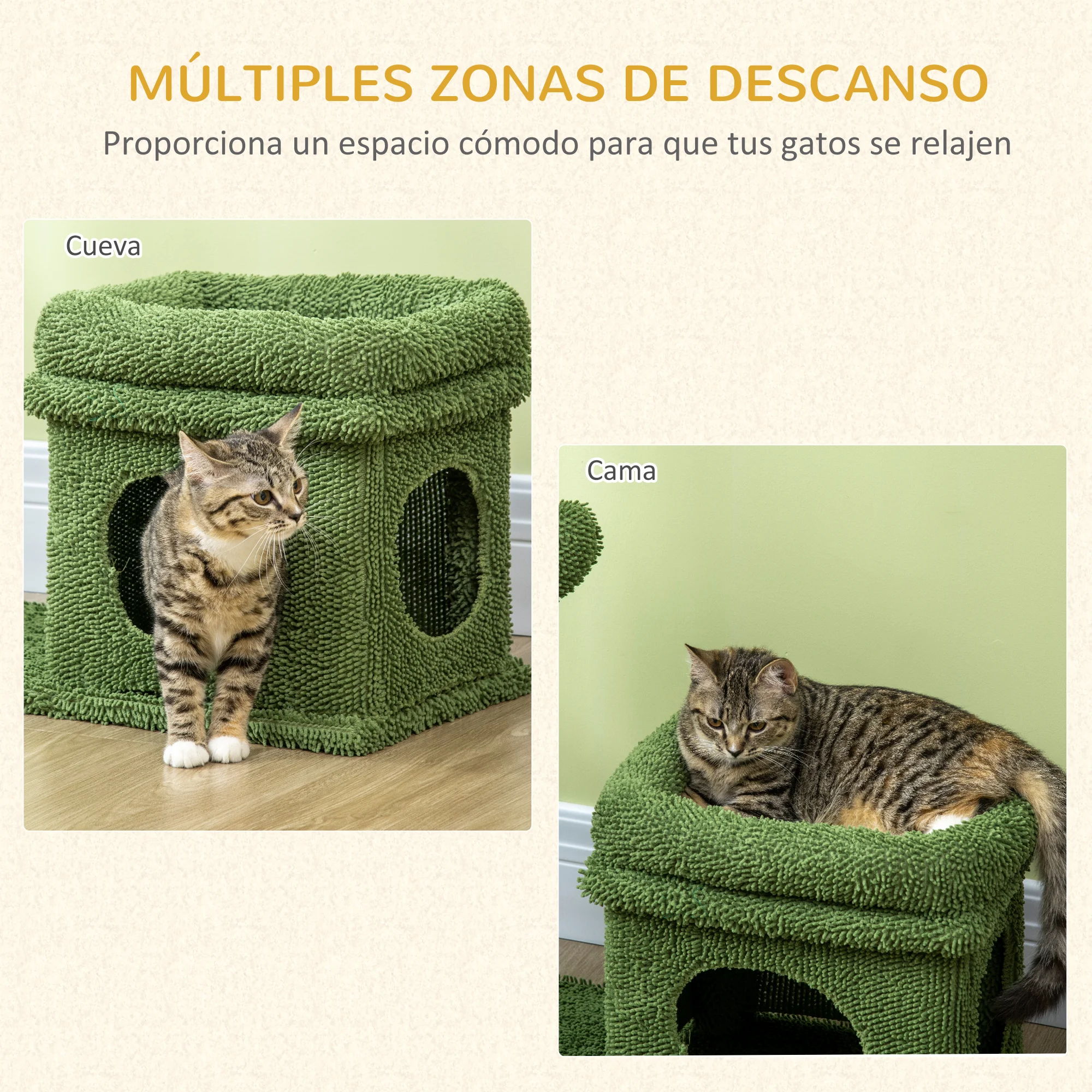 PawHut Árbol Rascador para Gatos Diseño de Cactus Altura 83 cm Torre para Gatos con Cama Caseta de Felpa Poste de Sisal y Bola Colgante 68x30x67 cm Verde - imagen 4