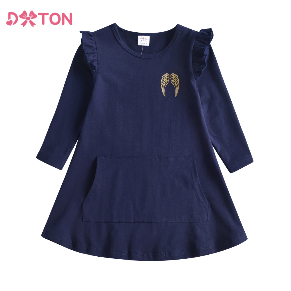 DXTON Vestido infantil algodón manga larga corte A alas ángel bolsillo