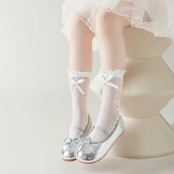 1 par de calcetines de encaje blanco de verano para niñas, calcetines de princesa sin costuras a media pantorrilla con malla con lazo, bonitos calcetines de algodón transpirables